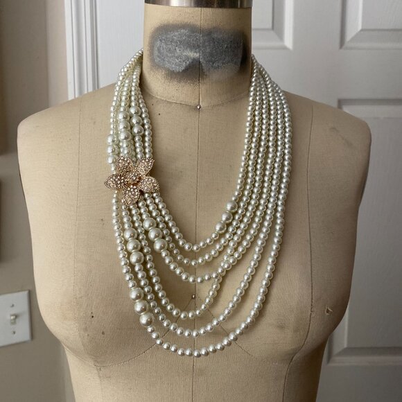 Bloomingdales CLASSIC White 6 strand Pearl Flower pendant bib Collar Necklace - Picture 15 of 15